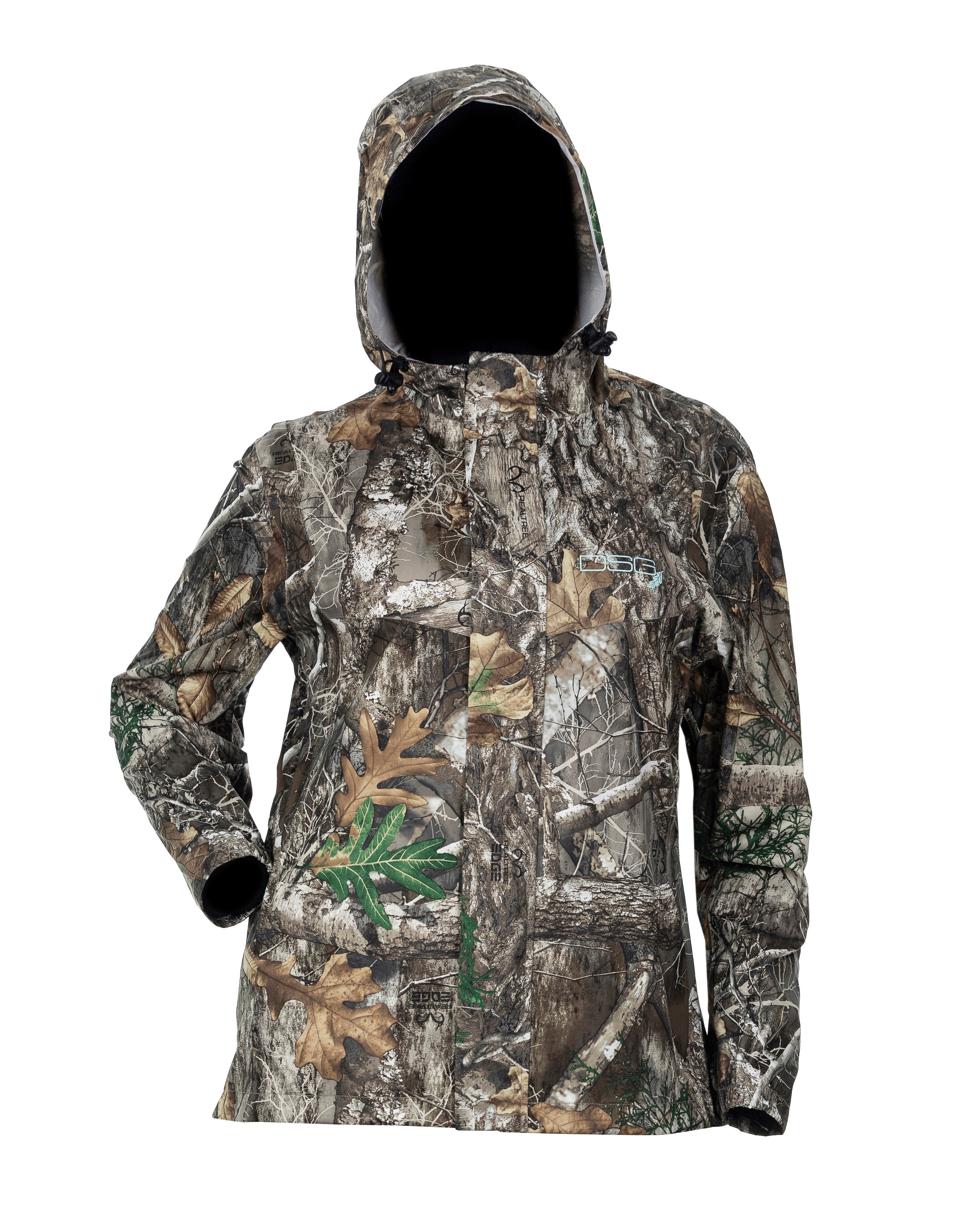 DSG Nova Plus Size Rain Jacket front view in realtree edge