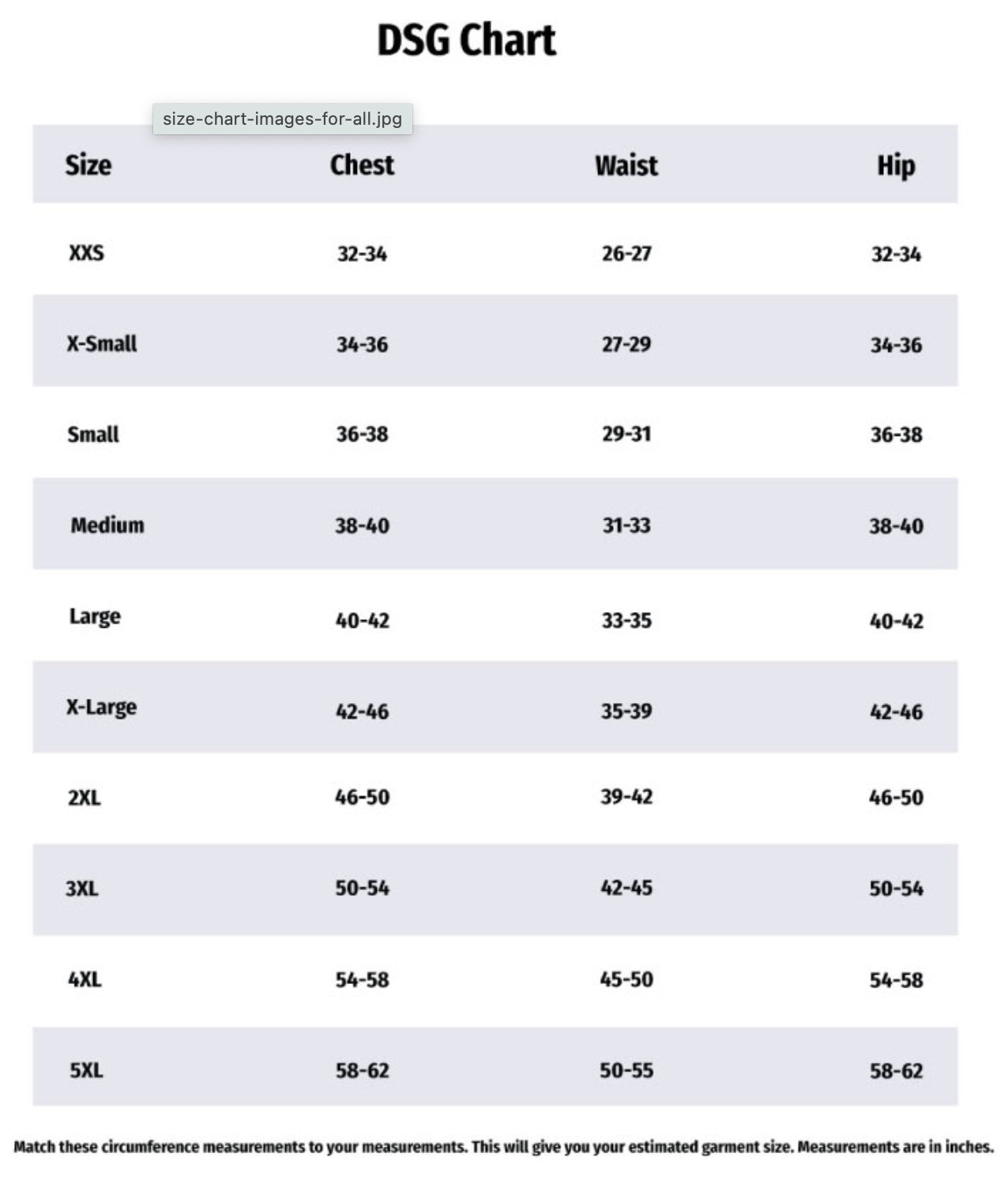 DSG Size Chart