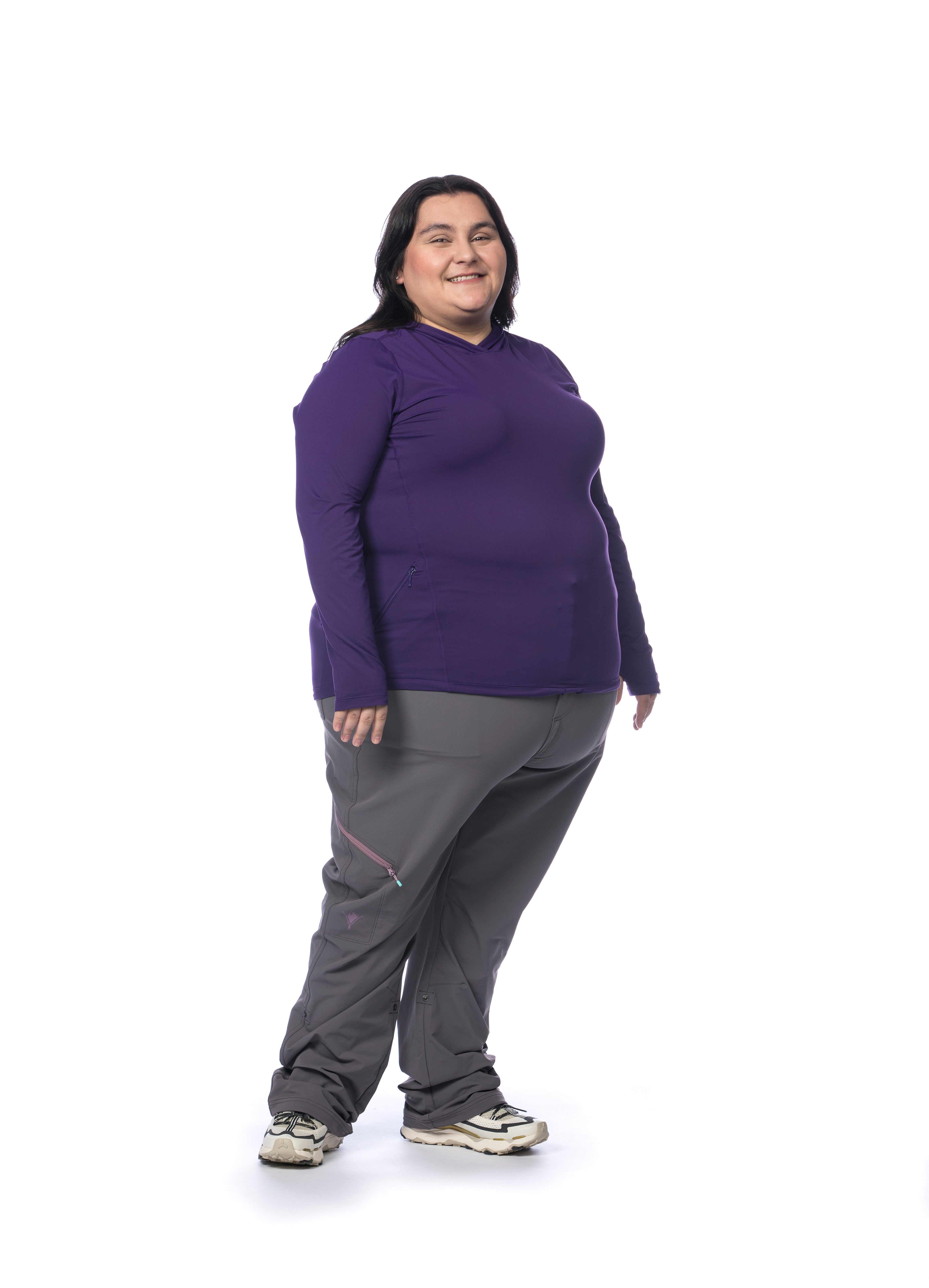 Front view of Bri wearing Mountain Hardwear Crater Lake Plus Size LS Hoody in Zodiac