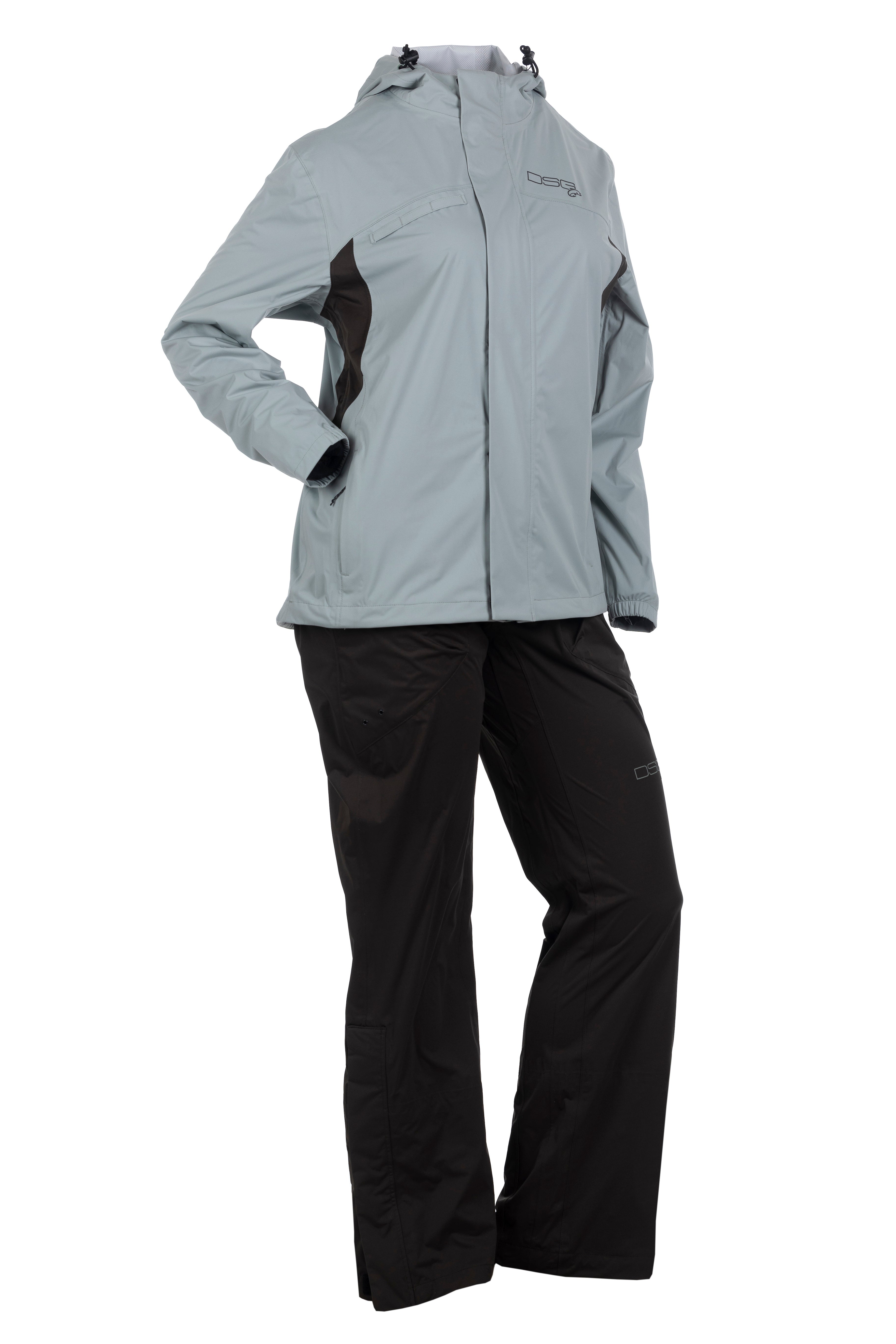 DSG Journey Plus Size Rain Jacket in Lichen and Pants in black product shot in black hand on right hipfront view
