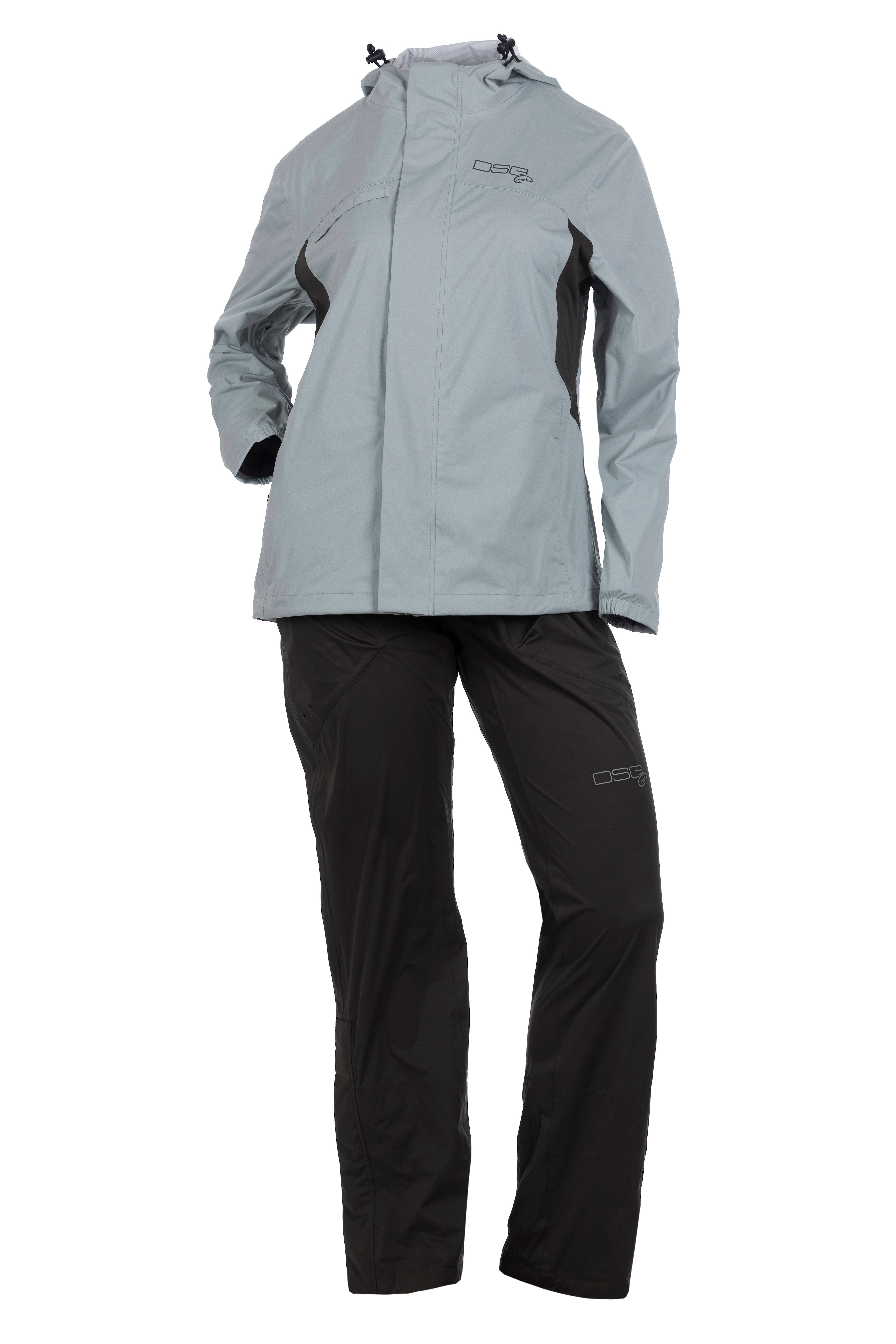 DSG Journey Plus Size Rain Jacket in Lichen and Pants in black product shot in black front view