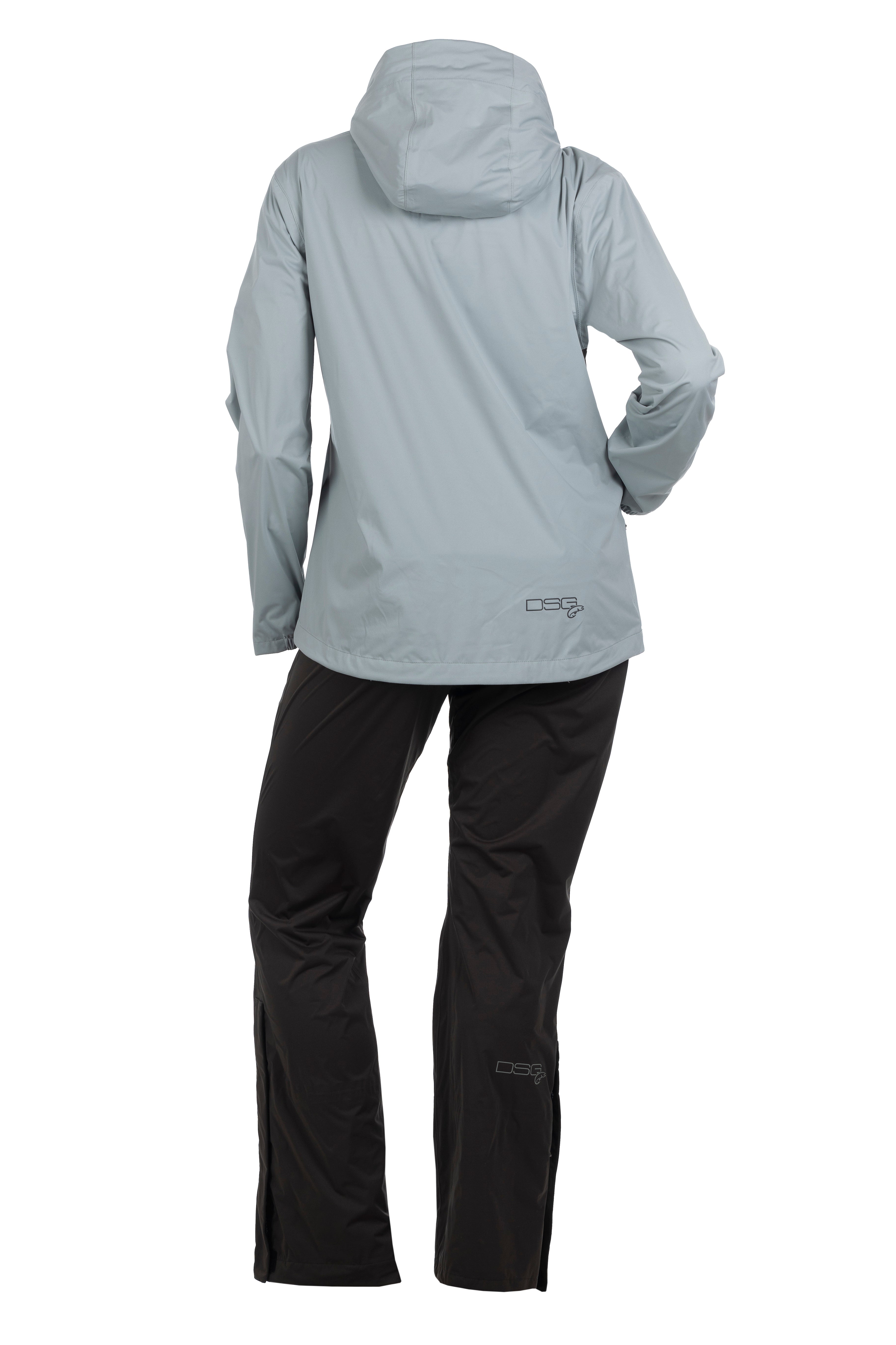 DSG Journey Plus Size Rain Jacket in Lichen and Pants in black product shot in black back view