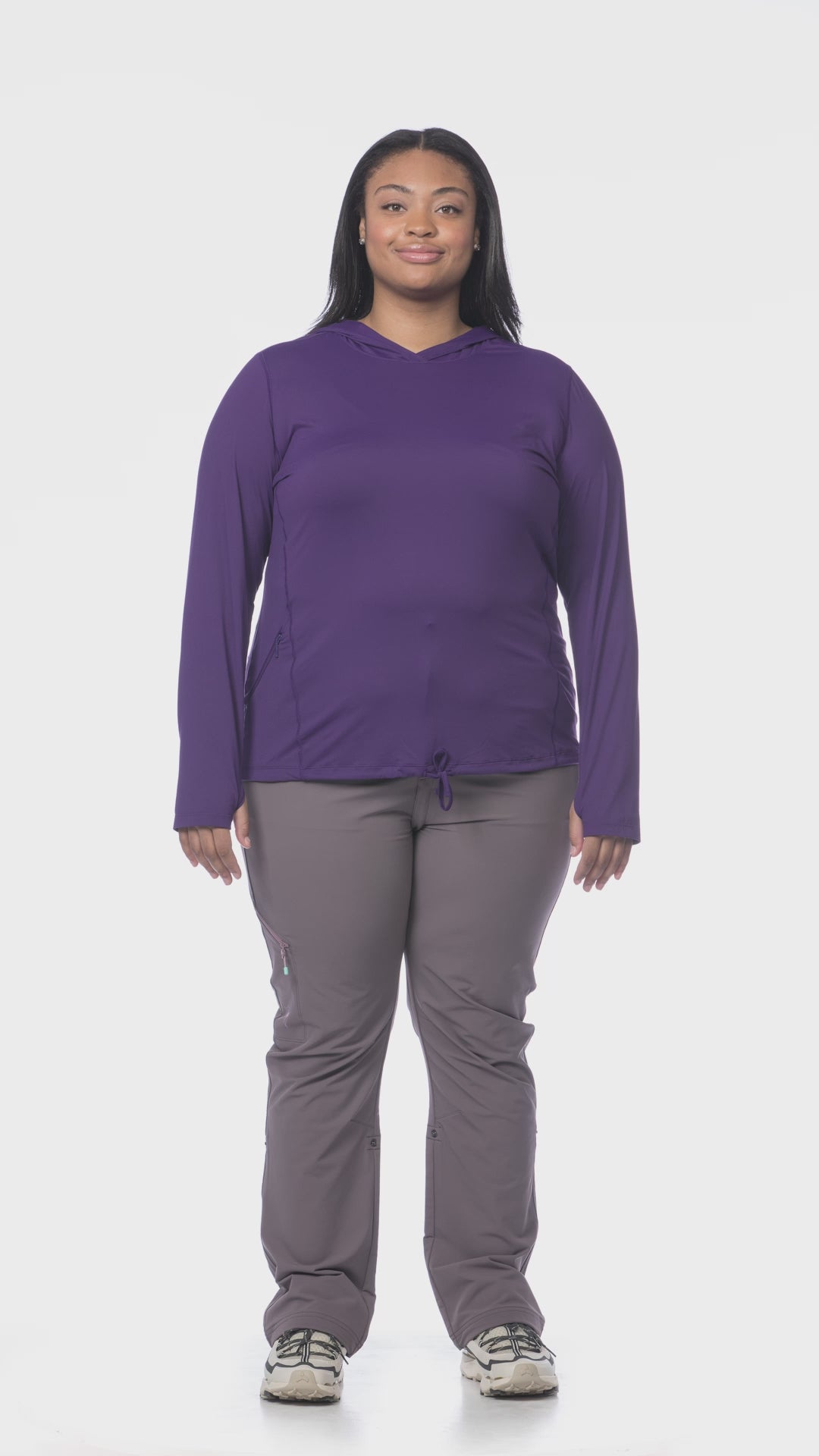 360 view of Martina wearing Mountain Hardwear Crater Lake Plus Size LS Hoody in Zodiac