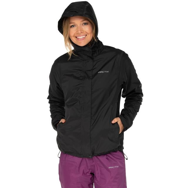 Front view and hood up of Woman wearing Arctix Plus Size River Rain Jacket in Black
