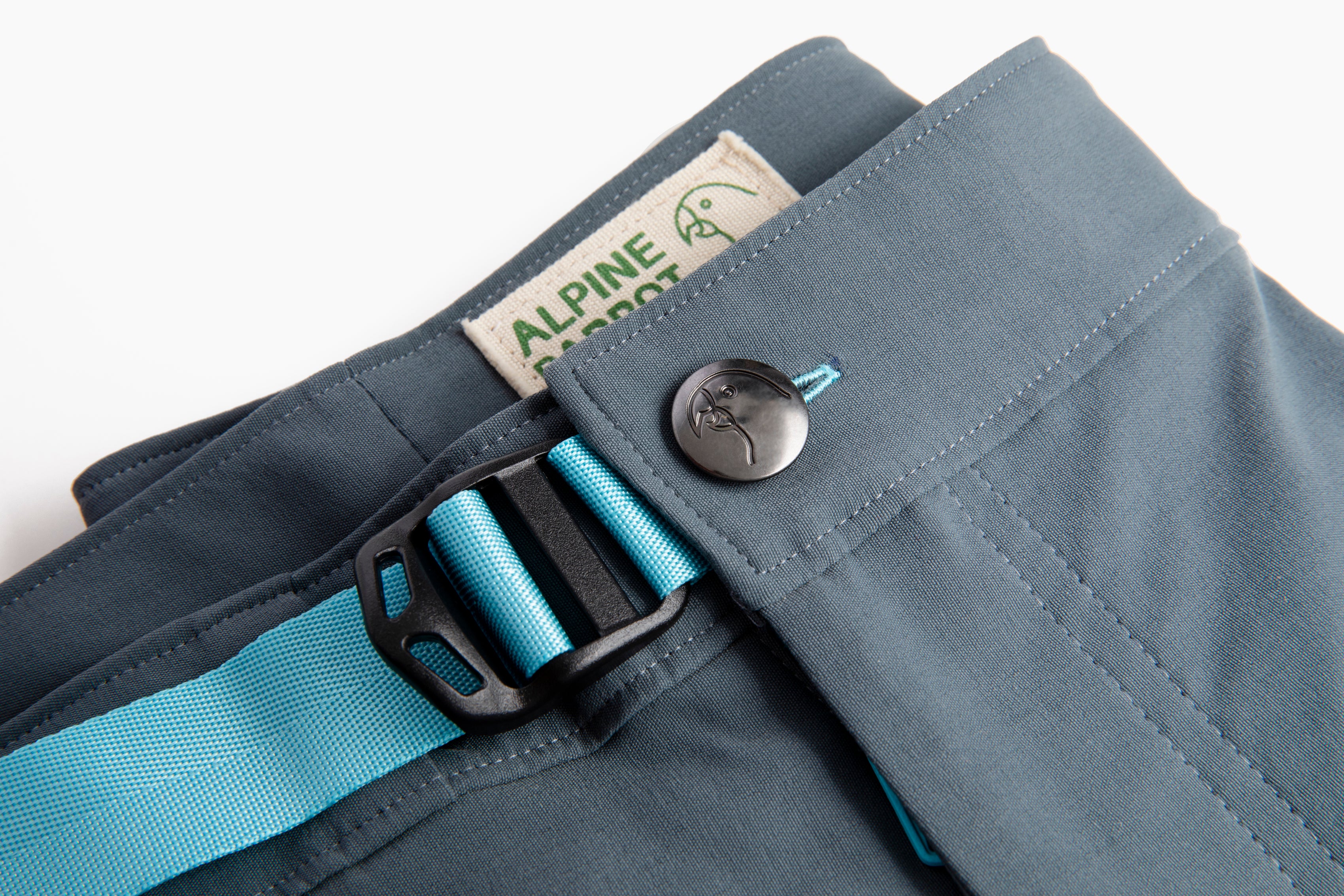 Close up of built in belt of Alpine Parrot Ponderosa Pants in slate gray