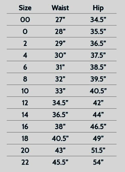 Size chart for Gnara Go There Pants