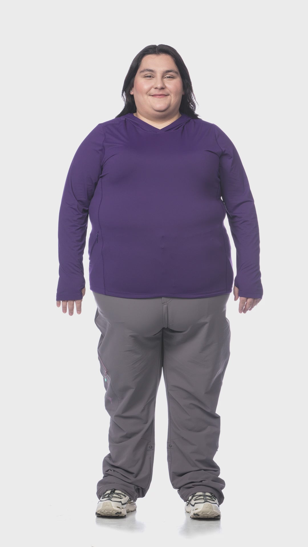 360 view of Bri wearing Mountain Hardwear Crater Lake Plus Size LS Hoody in Zodiac