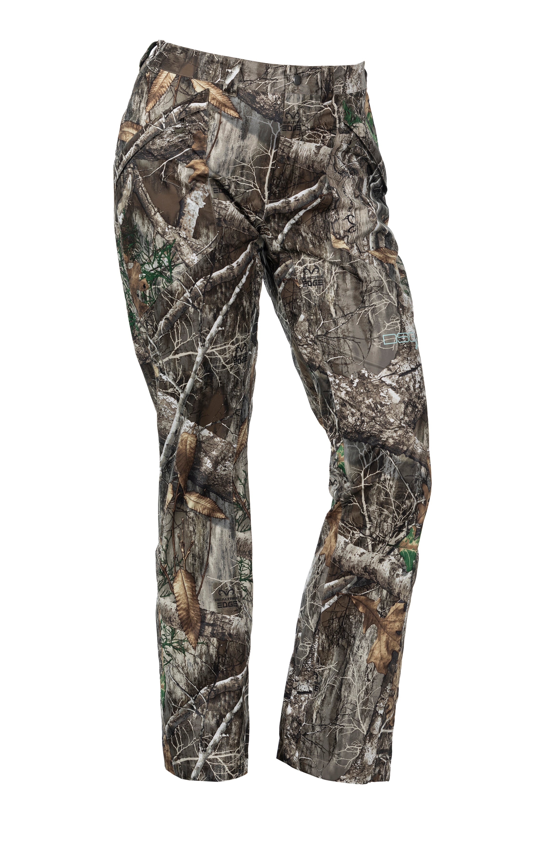DSG Nova Plus Size Rain Pant product front bent knee view in realtree edge