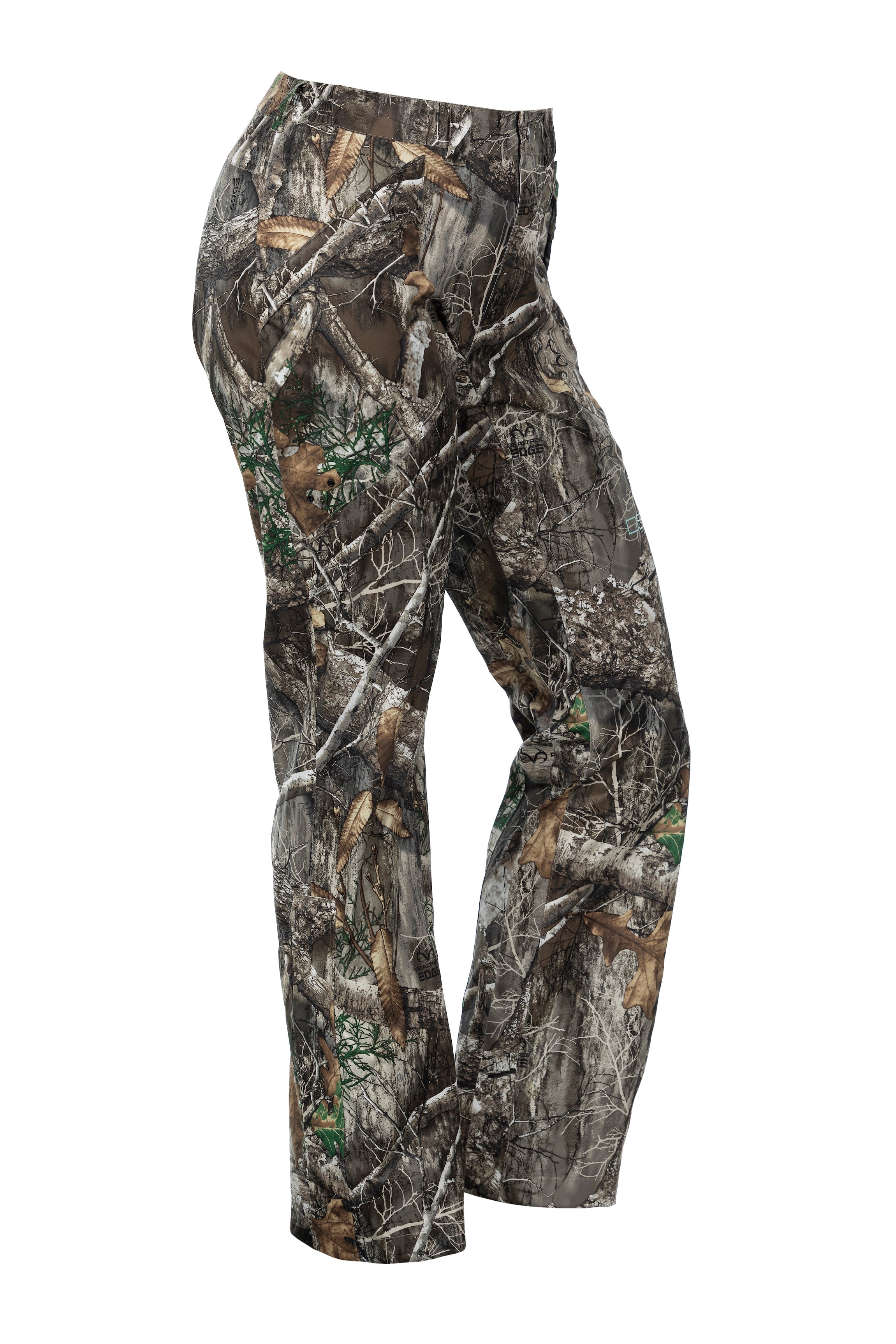 DSG Nova Plus Size Rain Pant product side bent knee view in realtree edge