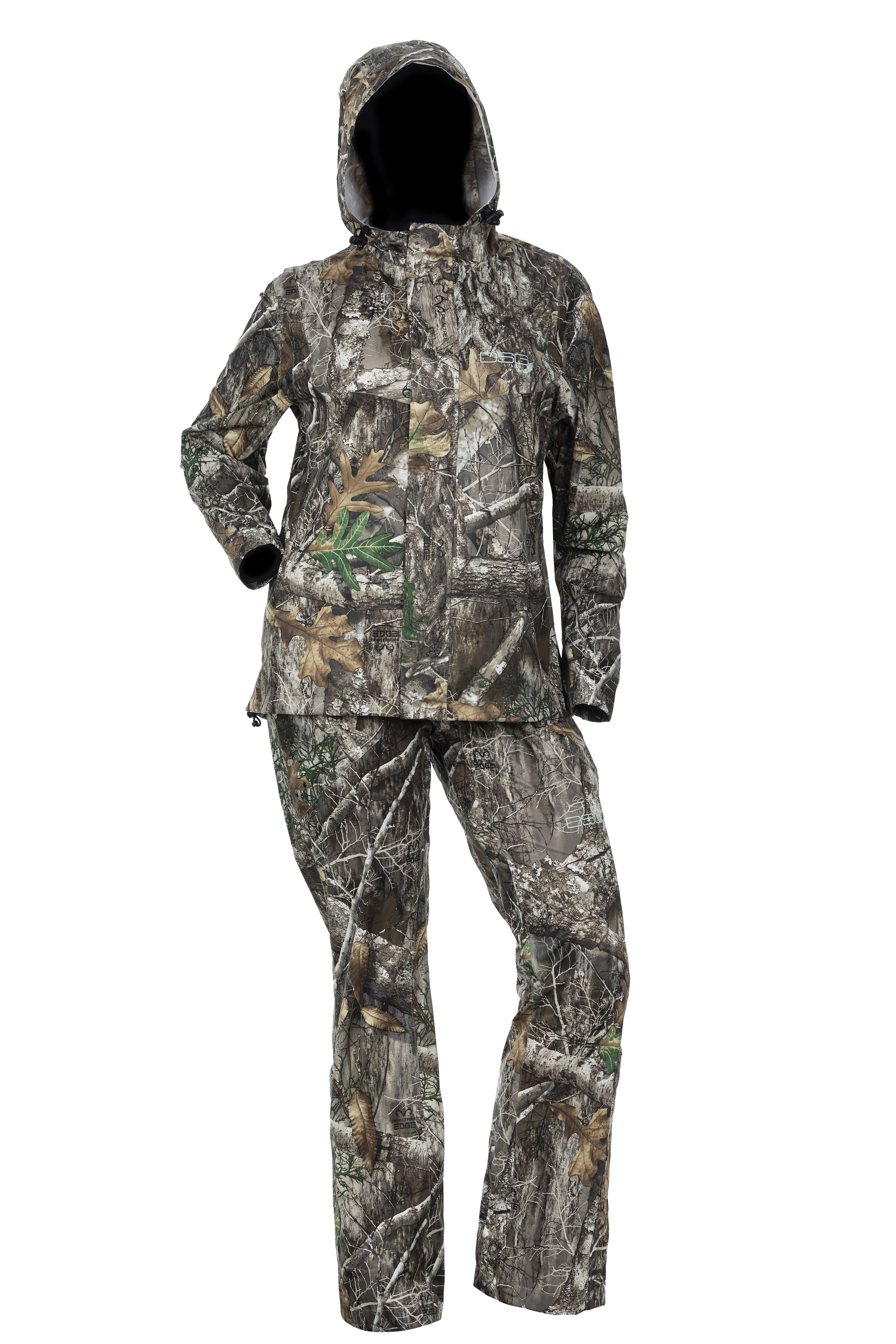DSG Nova Plus Size Rain Pant and jacket in realtree edge full front view