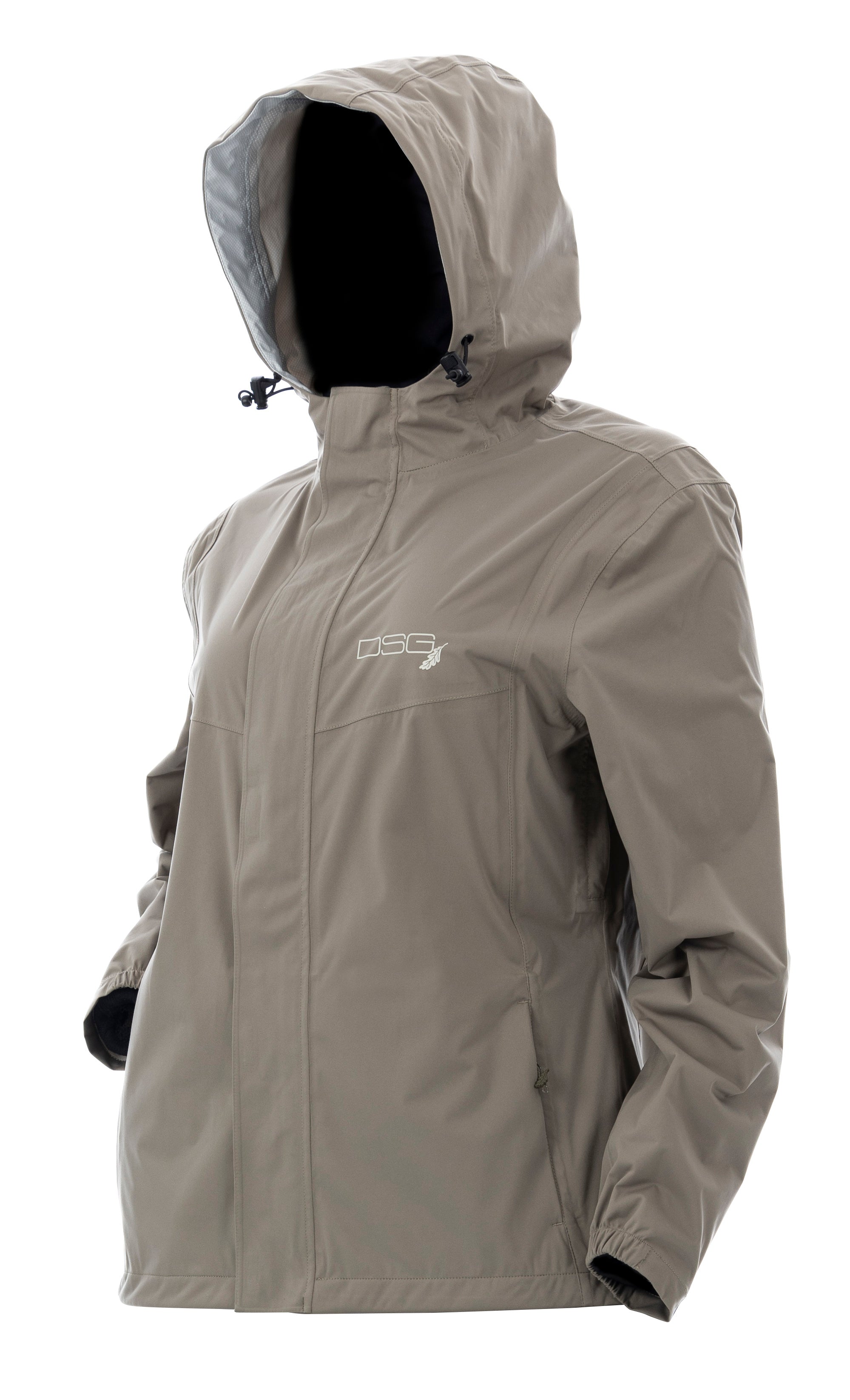 DSG Nova Plus Size Rain Jacket in Stone left side view with hood up