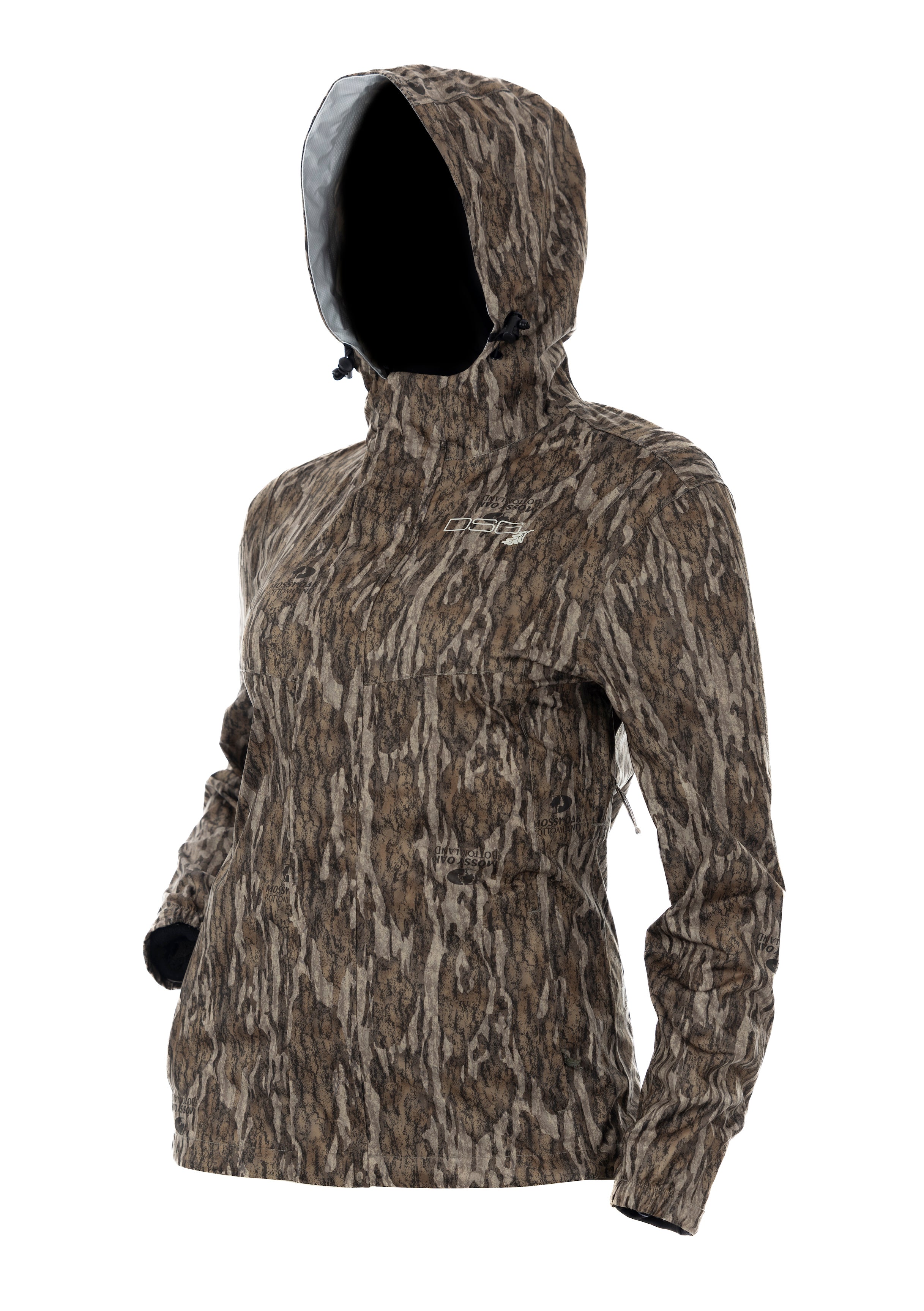 DSG Nova Plus Size Rain Jacket in Mossy Oak Bottom Land Hood Up