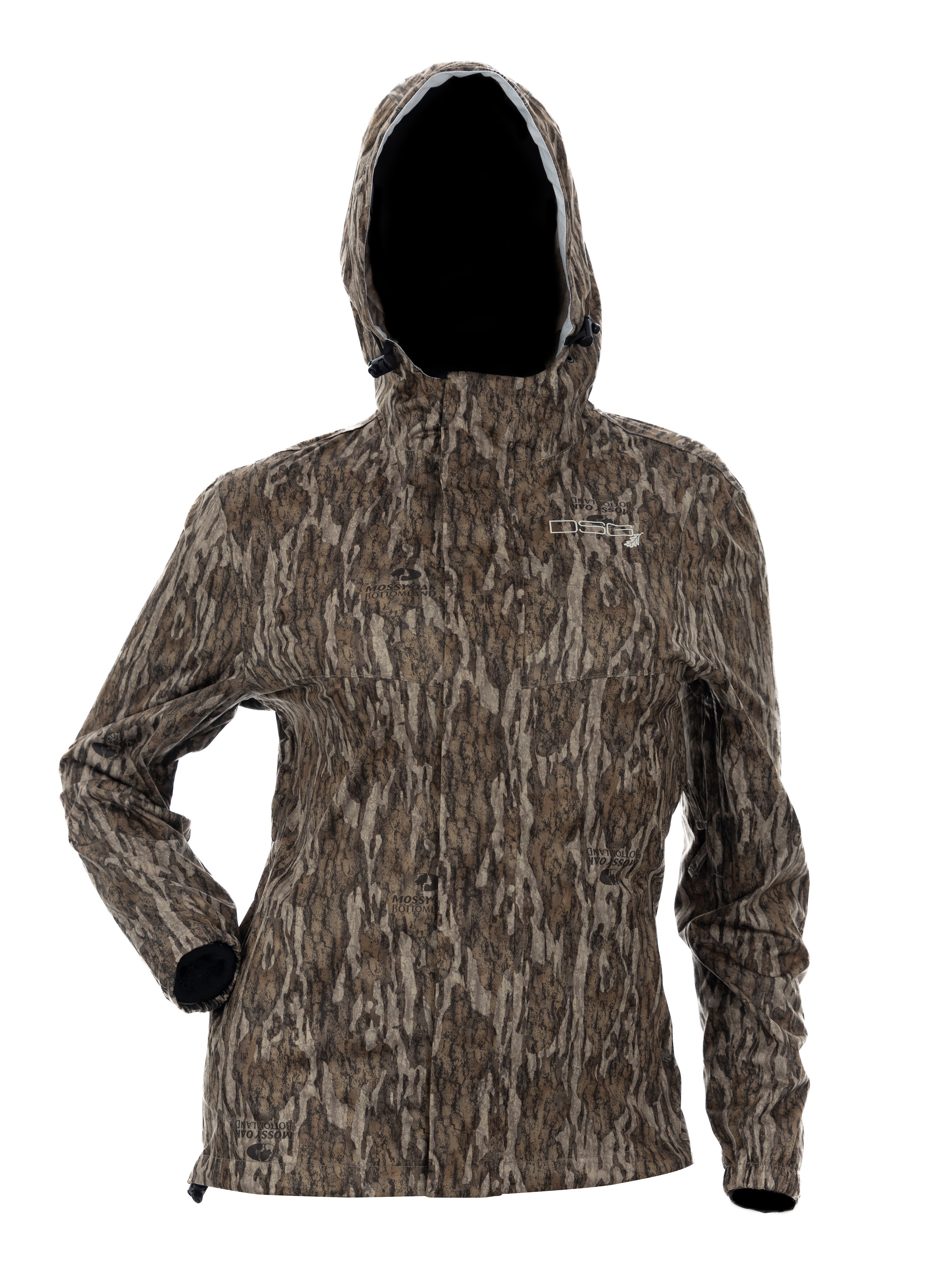 DSG Nova Plus Size Rain Jacket in Mossy Oak Bottom Land front view hood up