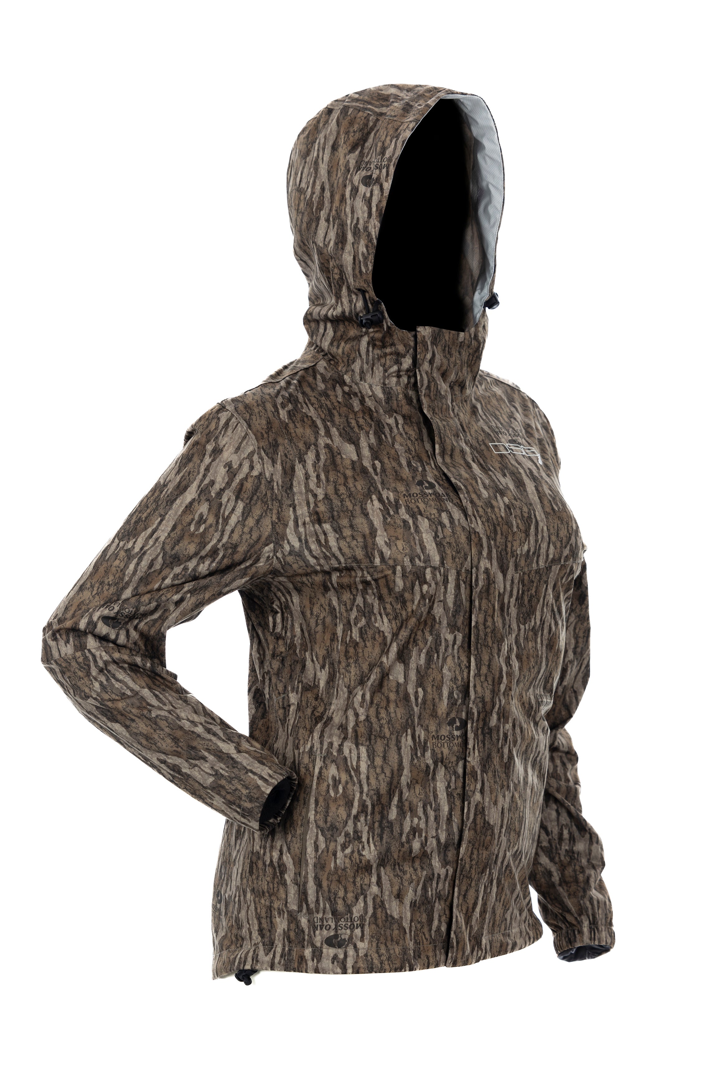 DSG Nova Plus Size Rain Jacket in Mossy Oak Bottom Land  side view hood up
