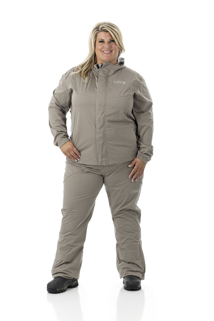 DSG Nova Plus Size Rain Jacket  and pants in Stone on a plus size model