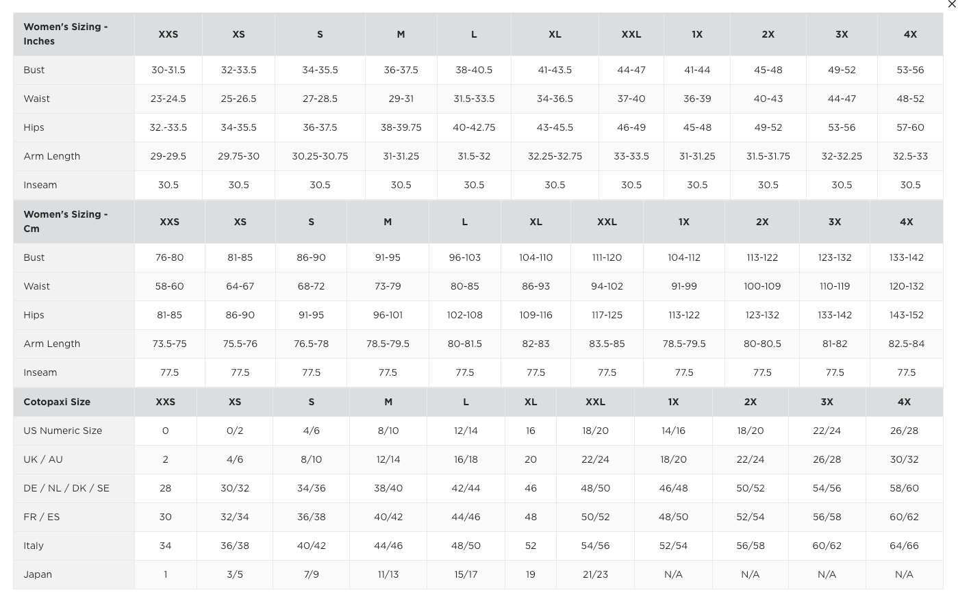 Cotopaxi Size Chart