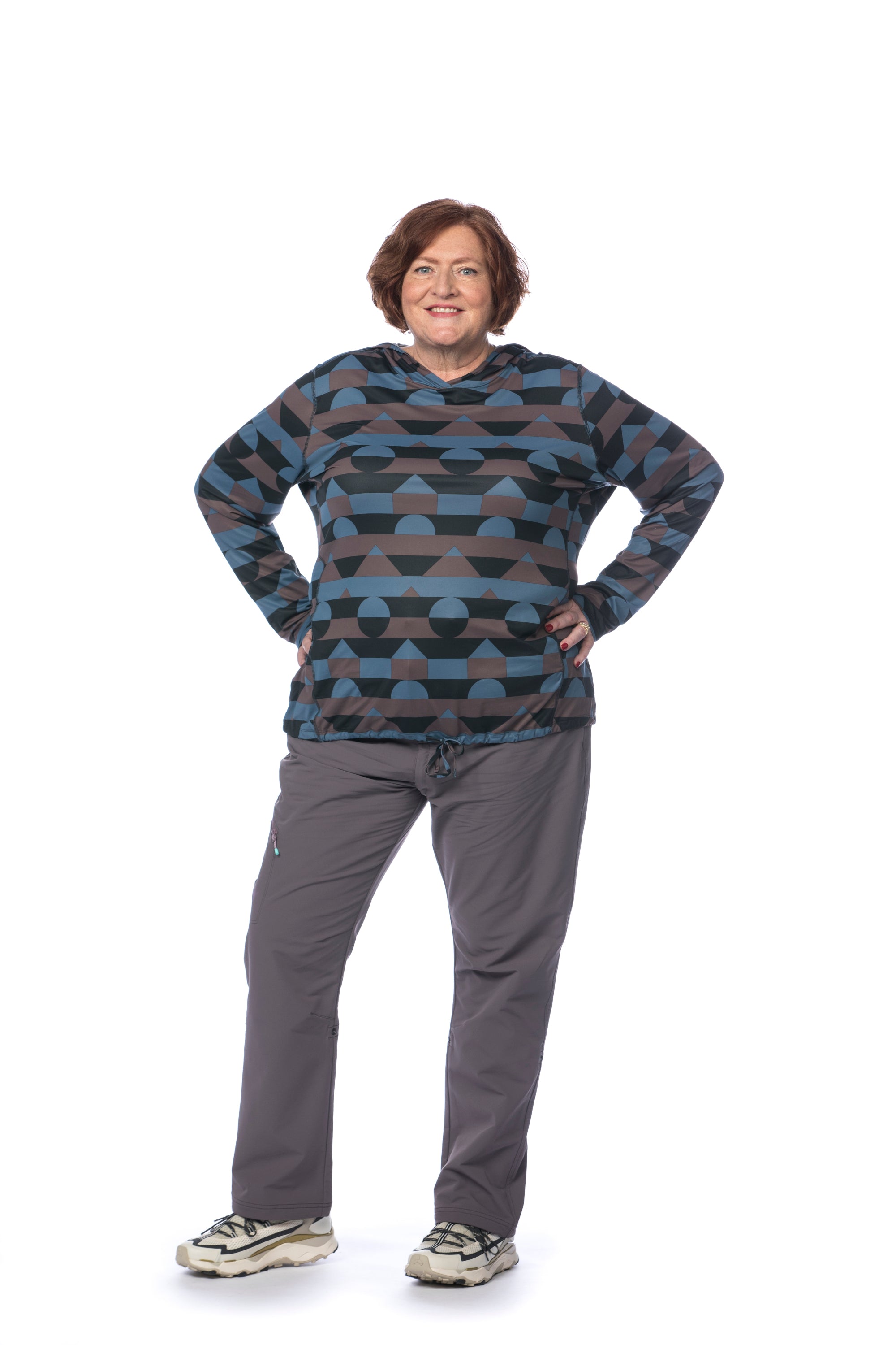 Deann front view wearing the Gnara Go There plus size pants in Cascade Granite