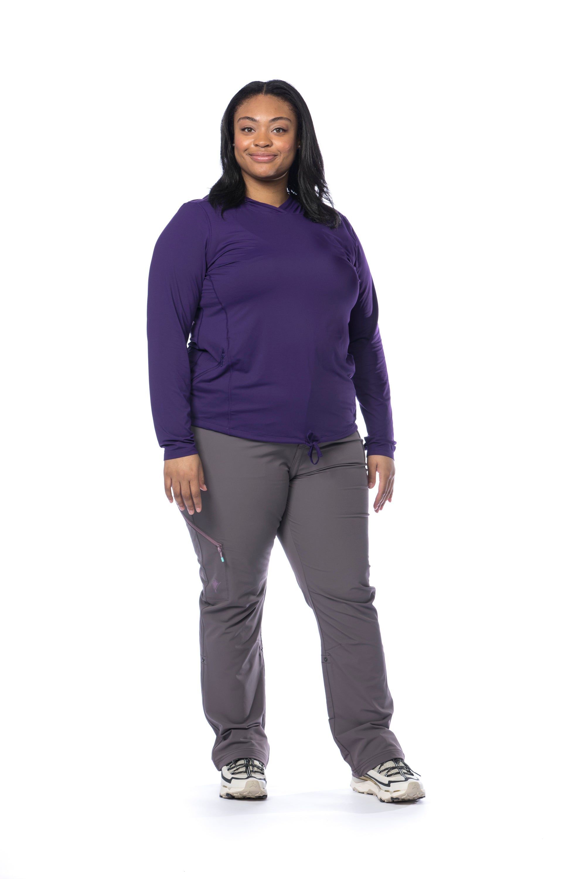 Front view of Martina wearing the Gnara Go There plus size pants in Cascade Granite