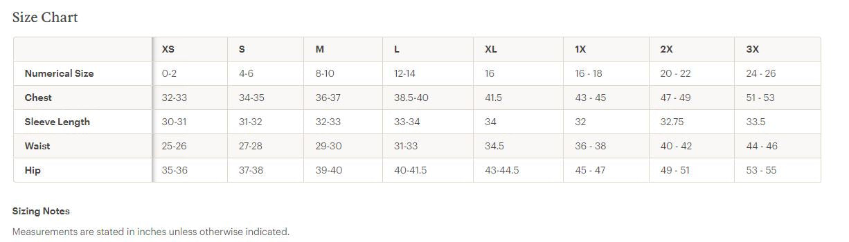 Mountain Hardwear size chart