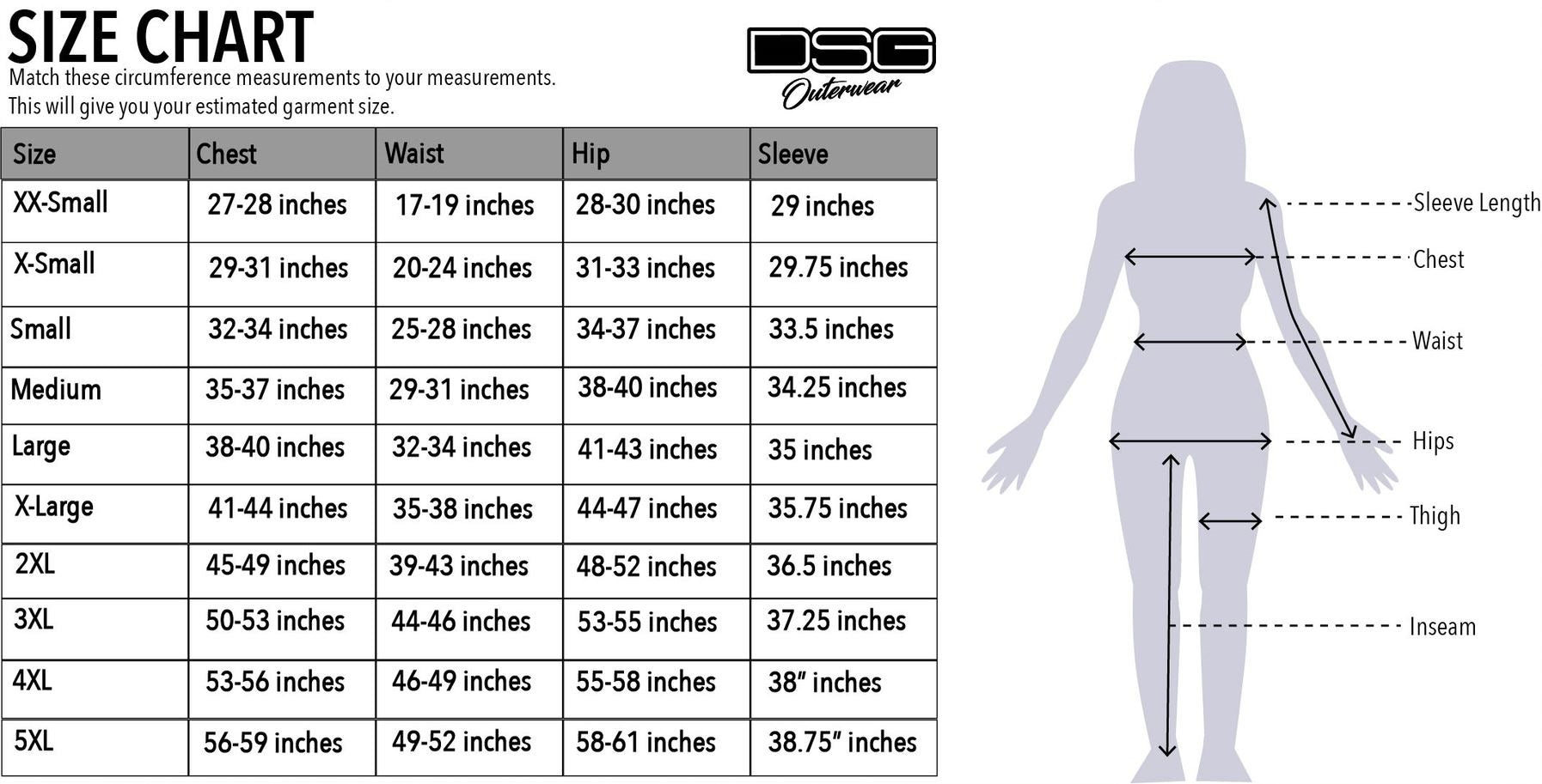 DSG Size Chart